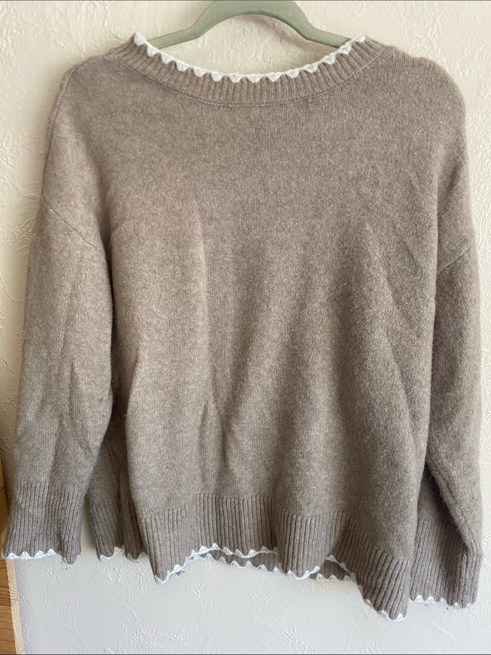 Only Taupe Crewneck Sweater with White Scallop Trim